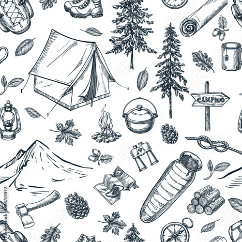 Camping, hiking adventures seamless pattern. Vector hand drawn sketch illustration. Camp outdoor travel background. Fashion textile print, fabric, wrapping paper design