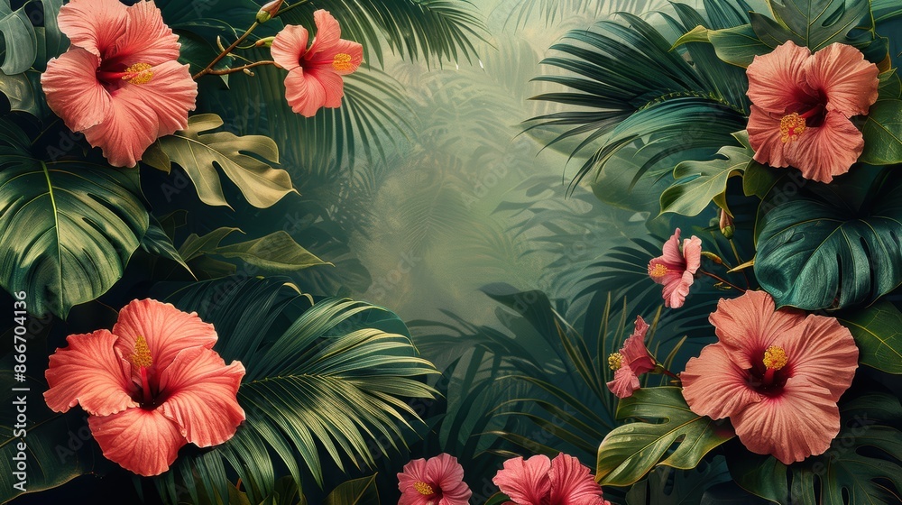 A text box with a border of tropical flowers and palm leaves. A text box with a border of tropical flowers and palm leaves.