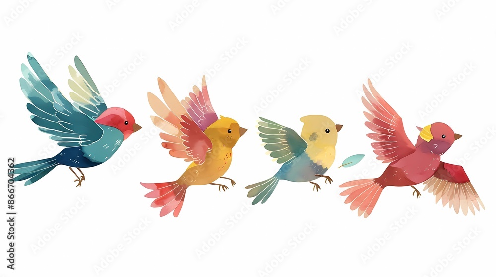 Obraz premium A very cute kawaii colorful flying birds , in the style , white background, Generative AI illustrations. 