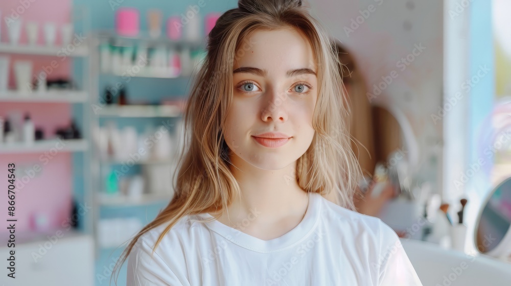 A girl in a white T-shirt, in a cosmetology room, against the background of cosmetic preparations. A girl in a white T-shirt, in a cosmetology room, against the background of cosmetic preparations.