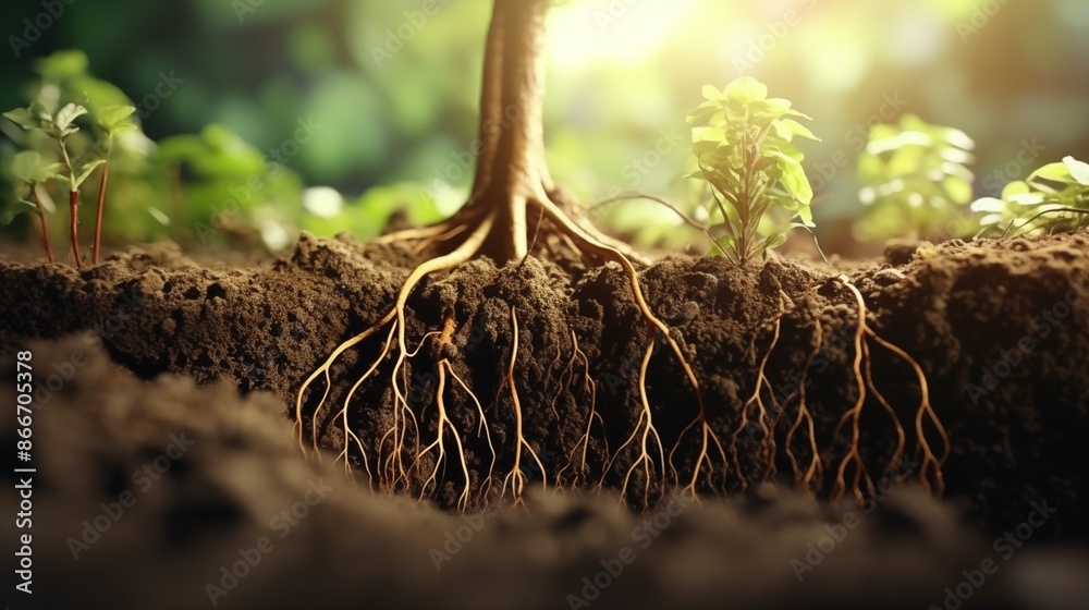 Fototapeta premium Roots of plant growing underground close up, layers of soil cross section.