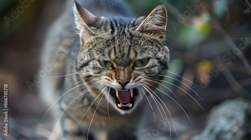 An intense close-up of a stray cat hissing and lunging forward, displaying its aggressive behavior.