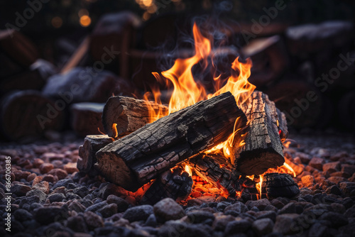 Burning Campfire with Glowing Logs on Rocks at Dusk