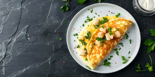 Omelette with crab and herbs on dark stone background in glassware. Concept Food Photography, Seafood Dish, Omelette Recipe, Ingredients Showcase, Culinary Art