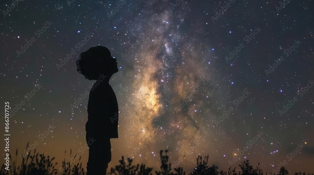 silhouette of child gazing up at spectacular starry night sky milky way arching overhead creating a sense of wonder exploration and infinite possibilities silhouette of child gazing up at spectacular starry night sky milky way arching overhead creating a sense of wonder exploration and infinite possibilities