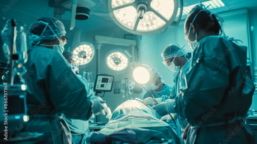 A team of surgeons dressed in sterile outfits performing a complex procedure in a modern operating room. They are surrounded by technologically advanced medical devices, monitors and sterile tools. A team of surgeons dressed in sterile outfits performing a complex procedure in a modern operating room. They are surrounded by technologically advanced medical devices, monitors and sterile tools.