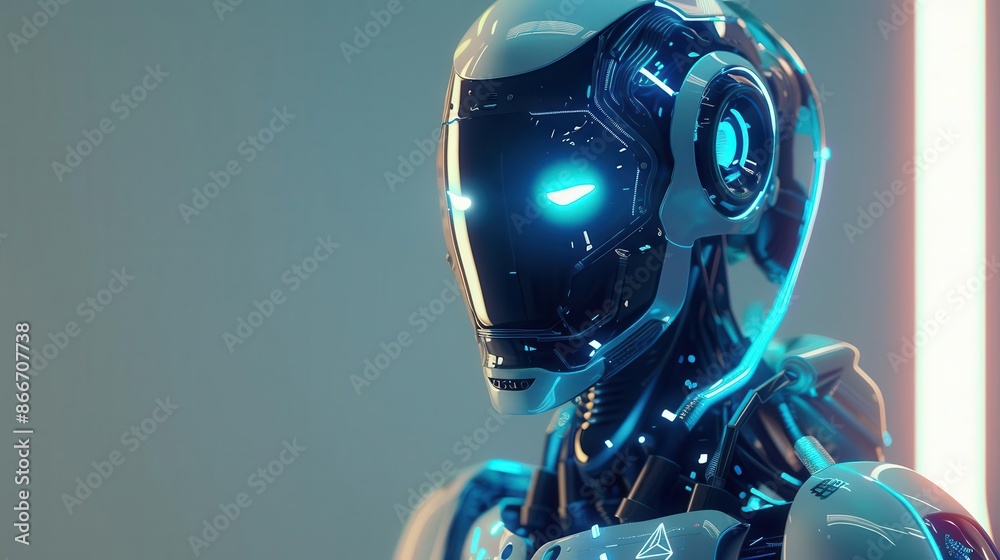 sleek humanoid robot with glowing blue accents against neutral backdrop futuristic design emphasizes ai and technological advancement with a touch of mystery sleek humanoid robot with glowing blue accents against neutral backdrop futuristic design emphasizes ai and technological advancement with a touch of mystery
