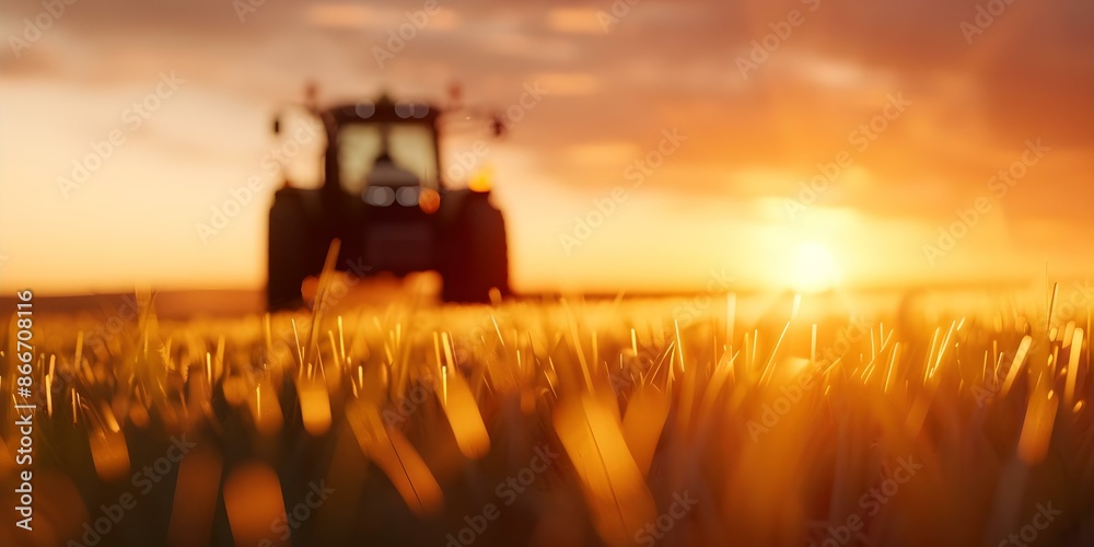 Fototapeta premium Farm vehicle operating at sunset in rural landscape banner with generative design. Concept Generative Design, Farm Vehicles, Rural Landscape, Sunset, Banner