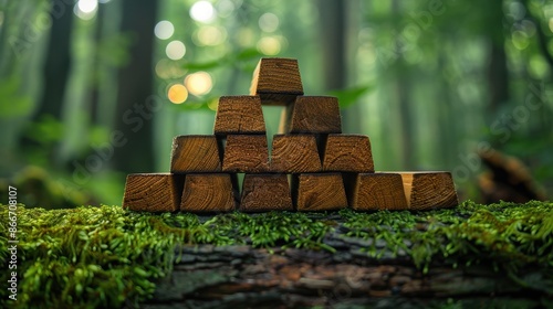 A neatly arranged small pyramid of brown wooden blocks placed atop a mossy log in the middle of a serene, sun-dappled forest, evoking calm and balance. photo