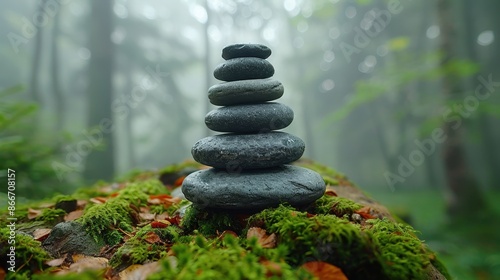 A harmonious arrangement of smoothly stacked stones standing tall on a moist, moss-adorned log, set against a foggy, mystical forest background invoking stillness and peace. photo
