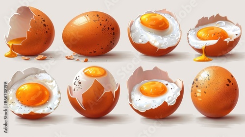 An array of cooked and raw brown eggs in different states of doneness, creatively illustrated to highlight the textures and stages of egg preparation. photo