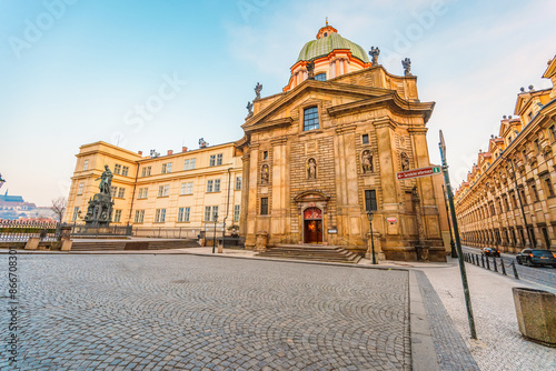 View of the city of Prague with Old Town Bridge Tower on  Charles bridge  in Prague, Czech Republic.