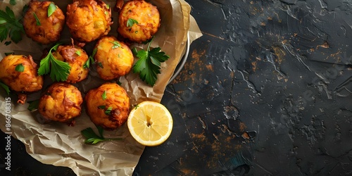 Image of traditional Portuguese codfish fritters on a textured background. Concept Food Photography, Portuguese Cuisine, Traditional Dishes, Culinary Art, Textured Background