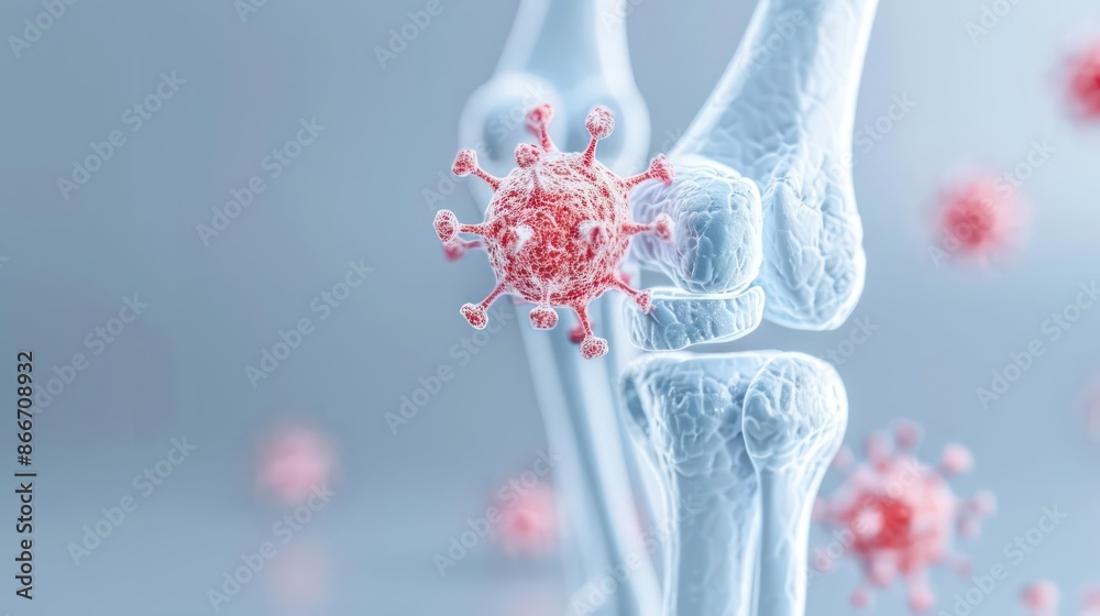 Obraz premium A conceptual image of rheumatology with joint models and inflammation markers, isolated with room for text on a clean backdrop