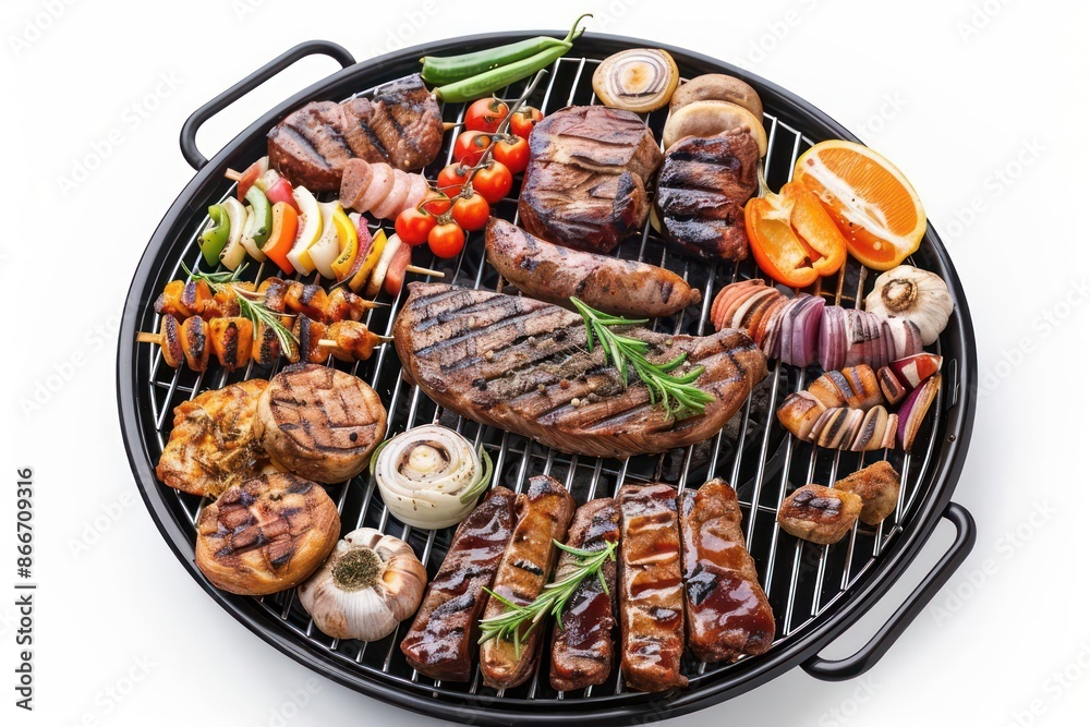 A conceptual image of a grill loaded with delicious barbecue foods, isolated with room for text on a clean backdrop A conceptual image of a grill loaded with delicious barbecue foods, isolated with room for text on a clean backdrop