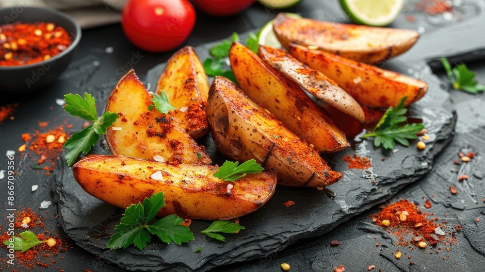 Mexican style paprika potato wedges on stone board Mexican style paprika potato wedges on stone board