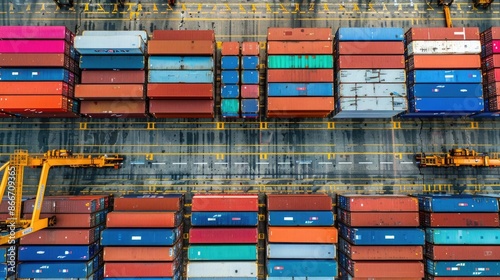 Overhead shot of shipping containers in various colors arranged neatly at a port, global trade