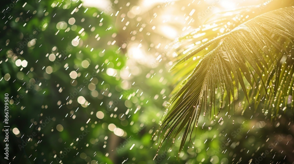A leafy green palm tree is covered in raindrops. Generate AI image A leafy green palm tree is covered in raindrops. Generate AI image
