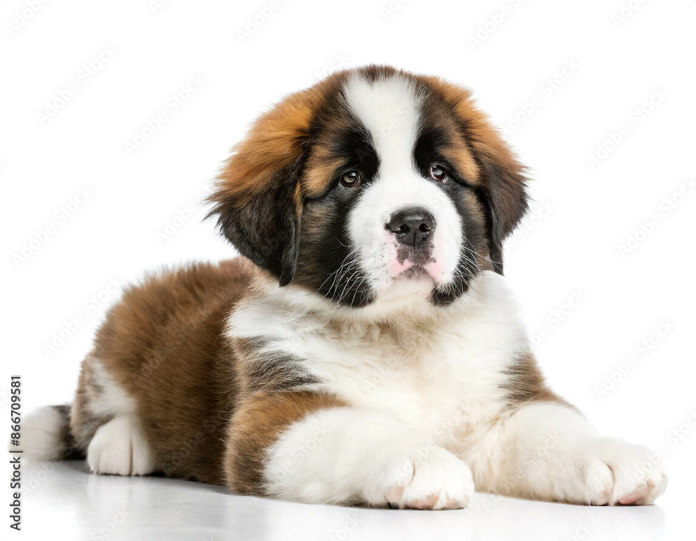 Bernhardiner welpe hund liegend isoliert auf weißen Hintergrund, Freisteller Bernhardiner welpe hund liegend isoliert auf weißen Hintergrund, Freisteller