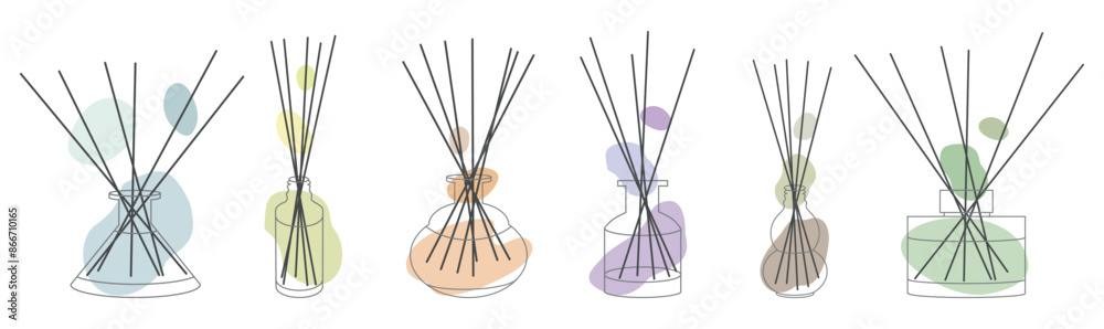 Set of aroma diffusers in jar with wooden Bamboo sticks for the home. Doodle sketch style. Linear simple diffuser with Abstract color shapes, hand drawn in line style. Isolated vector illustration. Set of aroma diffusers in jar with wooden Bamboo sticks for the home. Doodle sketch style. Linear simple diffuser with Abstract color shapes, hand drawn in line style. Isolated vector illustration.