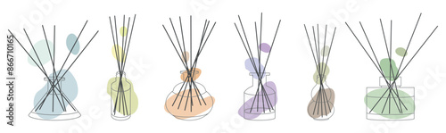 Set of aroma diffusers in jar with wooden Bamboo sticks for the home. Doodle sketch style. Linear simple diffuser with Abstract color shapes, hand drawn in line style. Isolated vector illustration.
