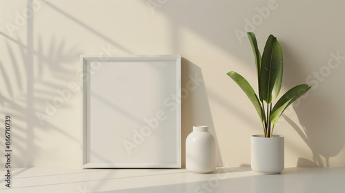 Maquete de moldura de foto simples em uma parede de marfim macio, elegante e discreta photo