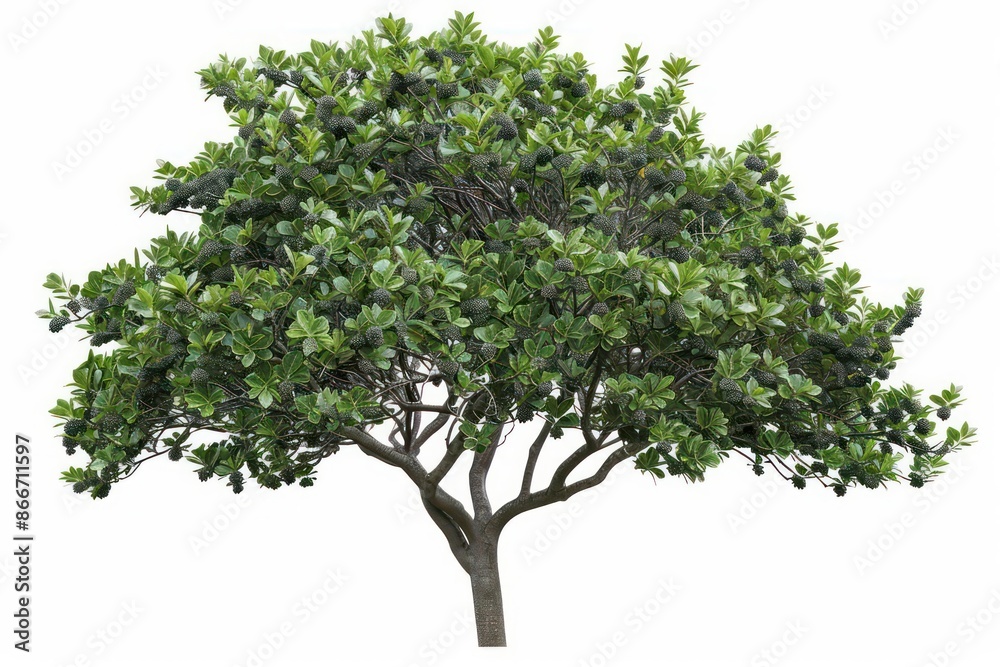 A detailed depiction of a serviceberry tree with clusters of small berries, isolated on a clean white background A detailed depiction of a serviceberry tree with clusters of small berries, isolated on a clean white background