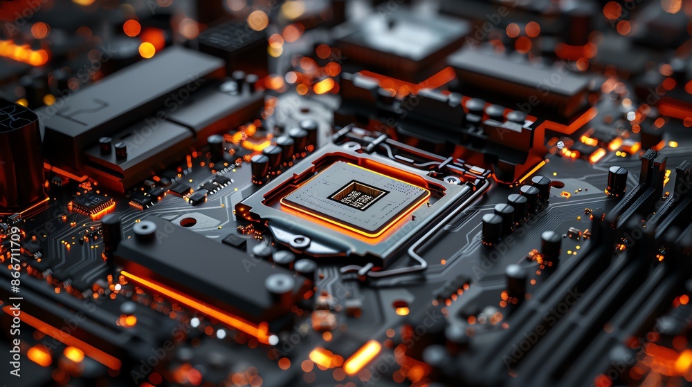 Close up of a glowing circuit board with intricate details, highlighting the central processing unit and electronic components. Close up of a glowing circuit board with intricate details, highlighting the central processing unit and electronic components.