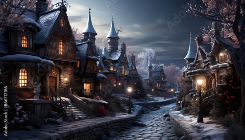 A panoramic shot of a fairy-tale village at night © Michelle