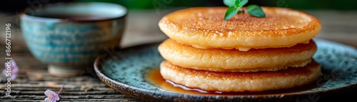 Japanese Pancakes  A stack of dorayaki filled with sweet red bean paste photo