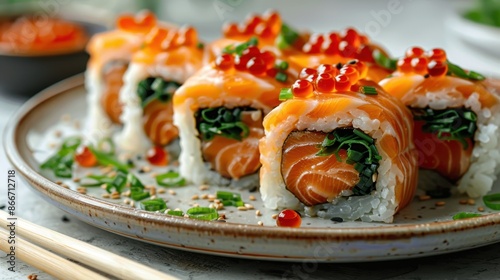 Tasty salmon sushi rolls garnished with vibrant roe and green chives, neatly arranged on a ceramic plate with chopsticks, showcasing an appealing and fresh presentation.