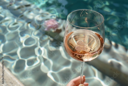 A Glass of Rose Wine by the Pool on a Sunny Day