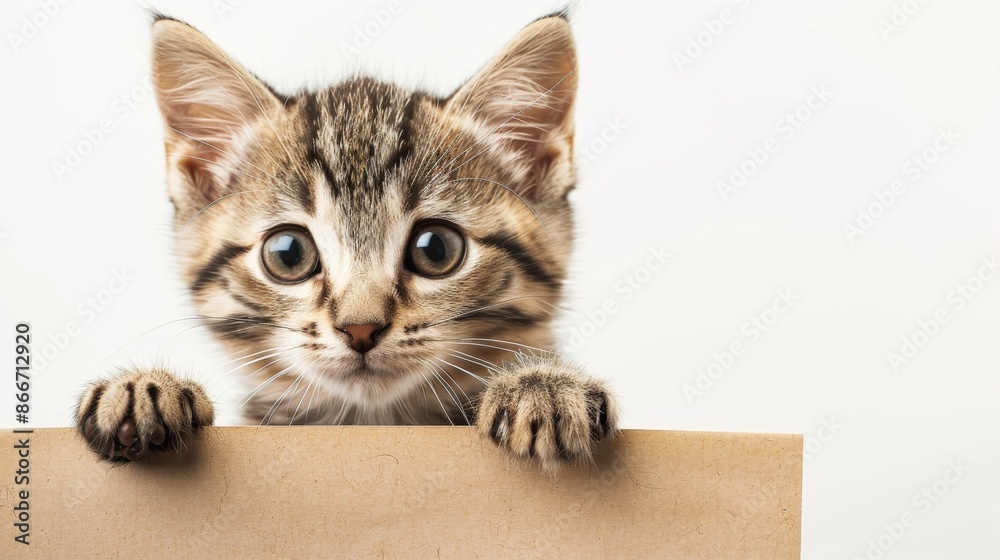 A kitten holds an empty poster to place an advertisement.
A kitten holds an empty poster to place an advertisement.