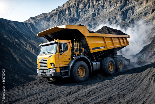 Large quarry dump truck riding in industrial coal mine with coal in body work truck. Mining equipment for the transportation of minerals, outdoors. Coal metallurgy industry concept. Copy ad text space