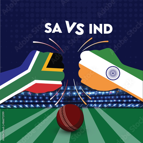 South Africa vs India Match , India vs South Africa cricket match ,Cricket match concept with creative illustration of participants clashing style hands on stadium
