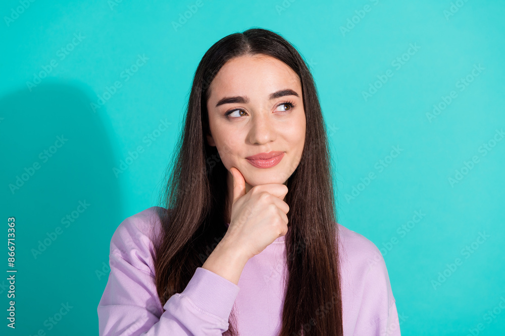 Photo portrait of attractive young woman look skeptical empty space dressed stylish violet clothes isolated on aquamarine color background