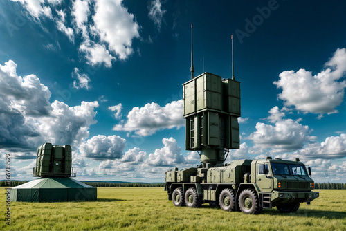 Modern air defence radar of military mobile missile launcher system of green color at blue cloudy sky background. Air defense installation outdoors. Concept of modern army industry. Copy ad text space photo