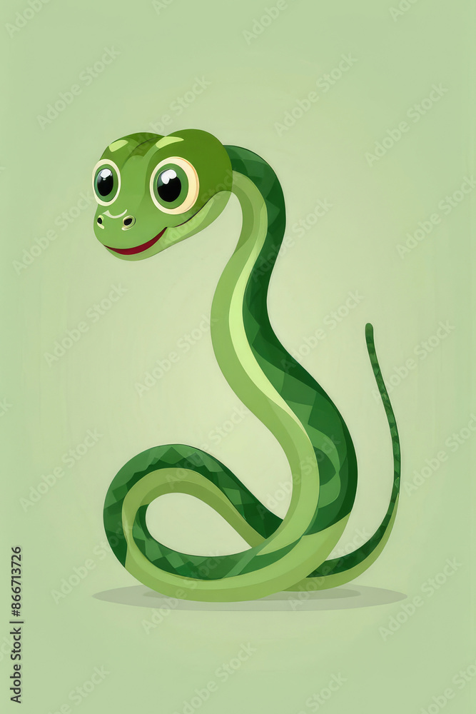 Fototapeta premium Cartoon character funny green snake on pastel green background.