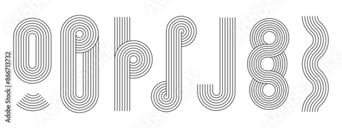 Black outline rainbows boho style in different shapes collection. PNG Set of line arch line abstract shape
