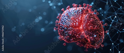 A detailed image of the hepatitis virus with digital elements highlighting its liver impact, perfect for a health awareness banner with ample copy space