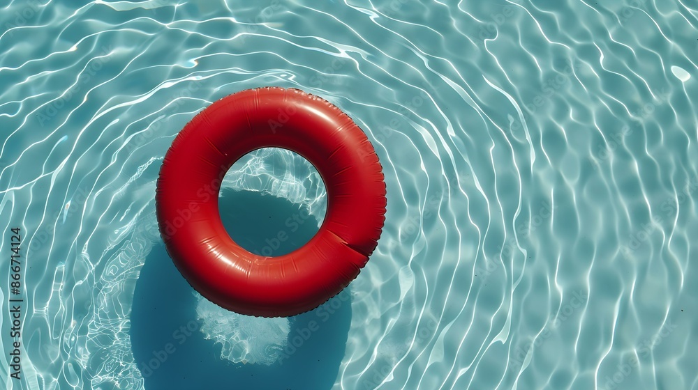 Top View of a dark red inflatable Ring floating on Pool Water. Colorful Summer Background Top View of a dark red inflatable Ring floating on Pool Water. Colorful Summer Background