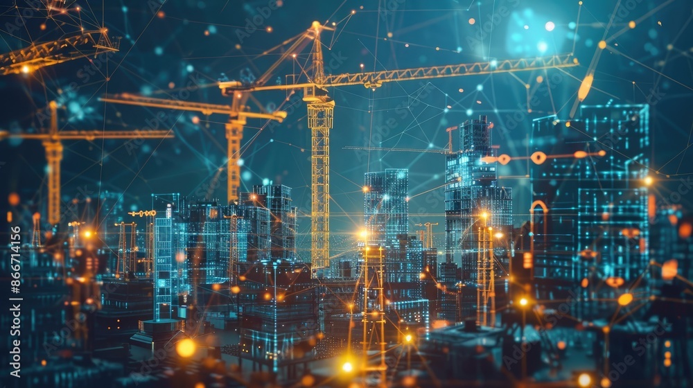 A city skyline with a lot of lights and a lot of cranes A city skyline with a lot of lights and a lot of cranes