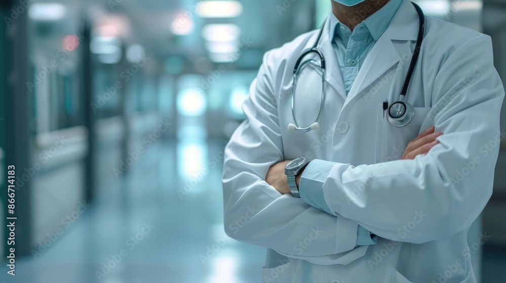 A doctor stands in a hospital hallway with his arms crossed A doctor stands in a hospital hallway with his arms crossed