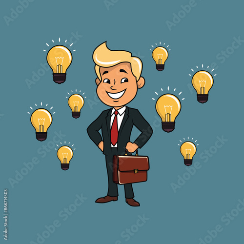 Smiling businessman in a business suit with a briefcase having lots of ideas. Corporate financial marketing illustration. Business investment ideas.