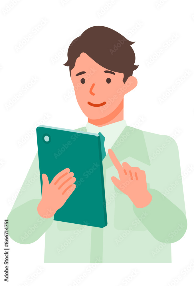 Working man. Concept for Problem Solving. Man cartoon character. People face profiles avatars and icons. Close up image of tablet man. Working man. Concept for Problem Solving. Man cartoon character. People face profiles avatars and icons. Close up image of tablet man.