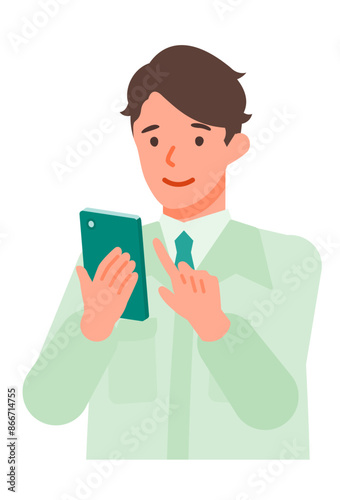 Working man. Concept for Problem Solving. Man cartoon character. People face profiles avatars and icons. Close up image of smartphone man.