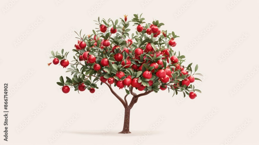A vibrant depiction of a pomegranate tree with its red fruit and flowers, isolated on a clean white background A vibrant depiction of a pomegranate tree with its red fruit and flowers, isolated on a clean white background