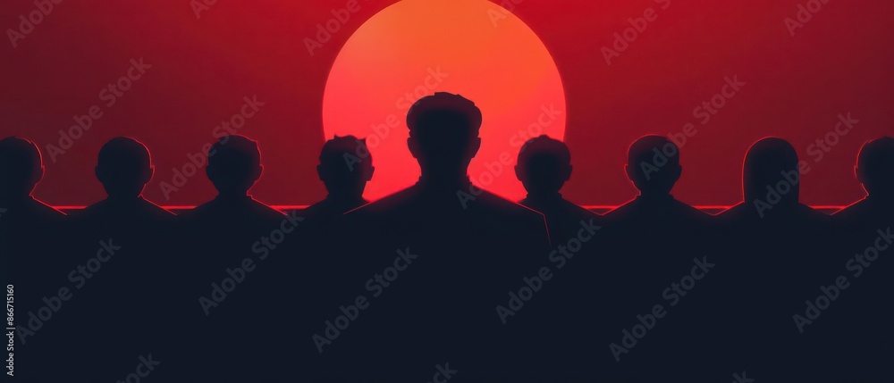 Fototapeta premium A vibrant depiction of a jury with silhouettes of jurors and a courtroom setting, isolated with ample room for text on a clean backdrop