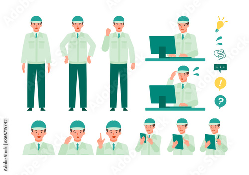 Working man. Concept for Problem Solving. Man cartoon character head collection set. People face profiles avatars and icons. Close up image of Problem Solving man.