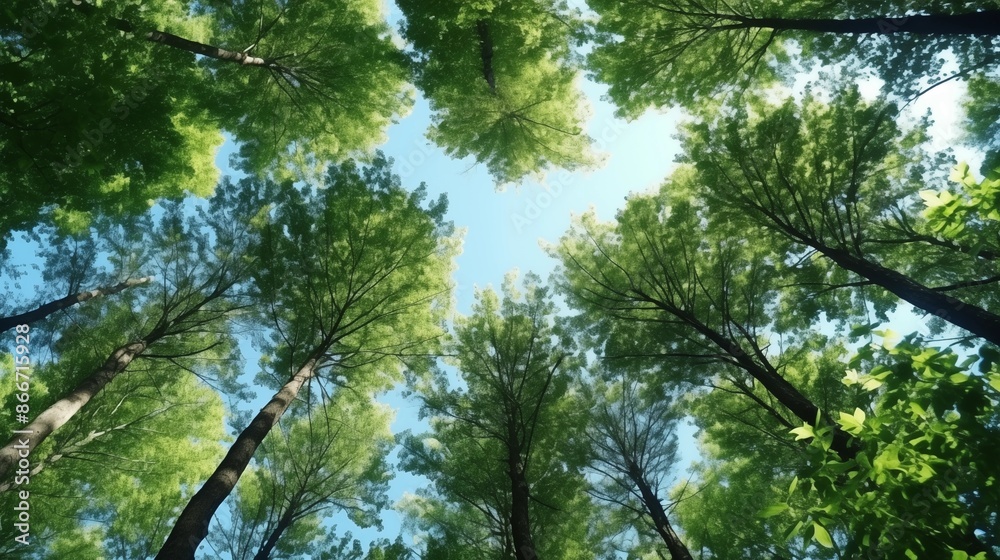 Trees in forest from below, green tops of trees, blue sky background. Trees in forest from below, green tops of trees, blue sky background.